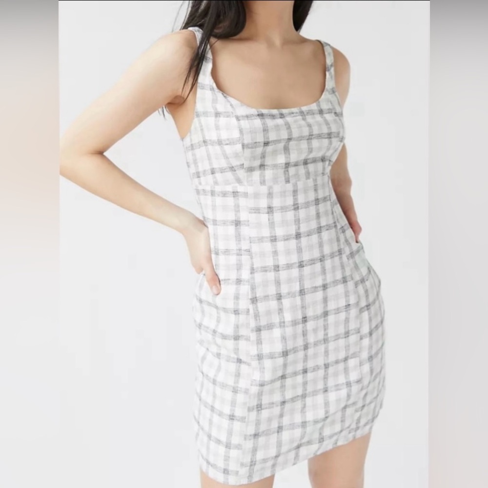 Urban Outfitters Winona Black and Gray Linen Blend Plaid Dress, Size M